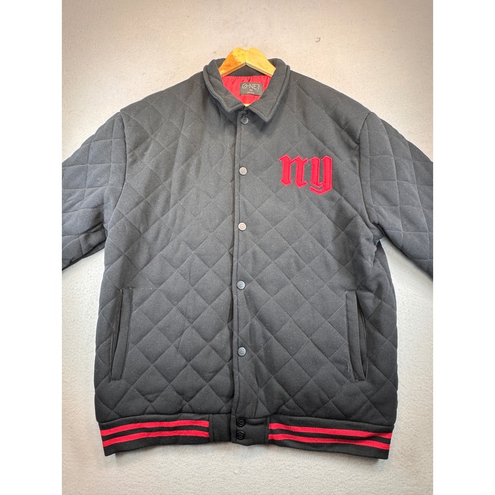 G-Net Mens Quilted Varsity Jacket Black Red NY Embroidery XXL V1126 Streetwear